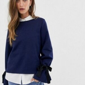 J.Crew Navy Blue Ribbon Tie Sleeves Top Sweatshirt Size Small